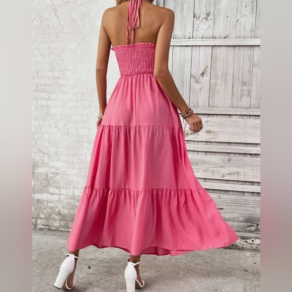 NEW Ruffle Tie Halter Tiered Long Dress Pink - Picture 3 of 7